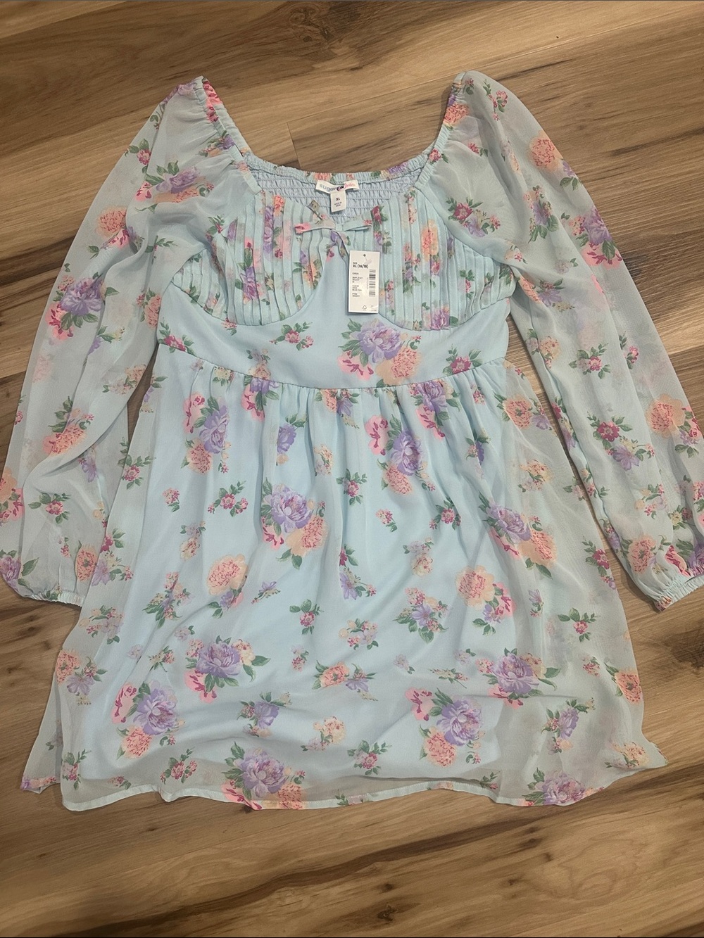 Pastel Blue Floral Dress with Puff Sleeves